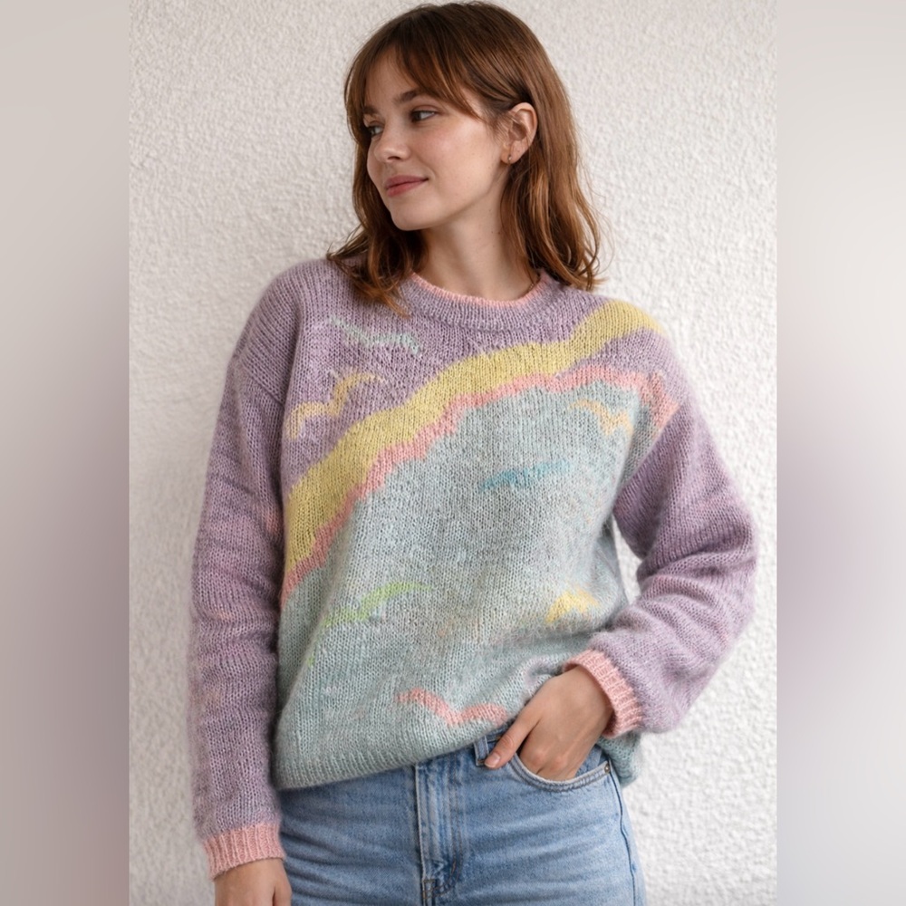 Vintage 80s Renee Tener For Jeanne Pierre Mohair Pastel Rainbow Sweater S 🌸